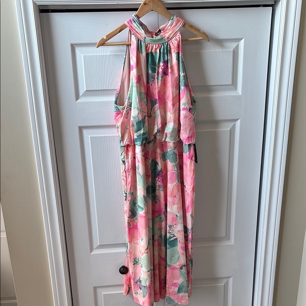 Adrianna Papell Pink/Peach/Green Floral Halter Midi Dress Nordstrom NWT